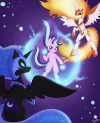 Size: 4900x6000 | Tagged: safe, artist:potzm, derpibooru import, daybreaker, nightmare moon, starlight glimmer, alicorn, pony, unicorn, a royal problem, g4, absurd resolution, alternate scene interpretation, armor, badass, cool, epic, female, fight, flowing mane, flying, force field, glowing, glowing horn, helmet, hoof shoes, horn, levitation, looking at each other, looking at someone, magic, magic aura, magic bubble, mare, peytral, princess shoes, self-levitation, spread wings, tail, telekinesis, trio, trio female, wings