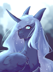 Size: 1058x1436 | Tagged: safe, artist:riressa, derpibooru import, princess luna, alicorn, pony, g4, bust, curved horn, female, horn, mare, portrait, solo