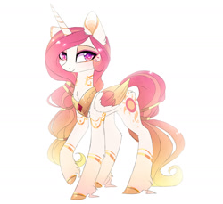 Size: 1726x1582 | Tagged: safe, artist:magnaluna, derpibooru import, princess celestia, alicorn, pony, g4, alternate design, alternate universe, beautiful, body markings, colored wings, colored wingtips, eyeshadow, female, folded wings, horn, looking at you, majestic, makeup, mare, missing accessory, peytral, simple background, smiling, smiling at you, solo, tail, white background, wings, zefiros codex