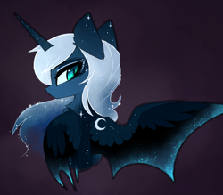 Size: 1386x1212 | Tagged: safe, artist:magnaluna, derpibooru import, princess luna, alicorn, bat pony, bat pony alicorn, pony, g4, bat wings, bust, female, horn, mare, one wing out, portrait, profile, side view, slit eyes, solo, white-haired luna, wings