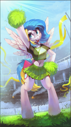 Size: 1685x3000 | Tagged: safe, artist:ramiras, artist:share dast, derpibooru import, oc, oc only, oc:teacup cake, anthro, pegasus, unguligrade anthro, anthro oc, arm hooves, belly, belly button, bow, breasts, cheering, cheerleader, cheerleader outfit, clothes, commission, crowd, cute, day, detailed background, explicit source, fans, female, freckles, grass, high res, mare, midriff, open mouth, open smile, outdoors, pegasus oc, pleated skirt, pom pom, shirt, short shirt, skirt, smiling, soccer field, solo, spread wings, stadium, t-shirt, tail, tail bow, wide hips, wings