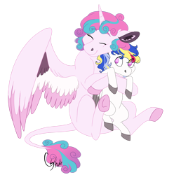 Size: 1280x1292 | Tagged: safe, artist:colourstrike, derpibooru import, princess flurry heart, oc, oc:prince maximus, alicorn, pegasus, pony, g4, big sister, brother and sister, colored hooves, cute, duo, eyes closed, female, hooves, hug, hug from behind, leonine tail, male, offspring, older, older flurry heart, parent:princess cadance, parent:shining armor, parents:shiningcadance, siblings, simple background, tail, transparent background