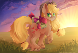 Size: 3000x2048 | Tagged: safe, artist:thenornonthego, derpibooru import, apple bloom, applejack, earth pony, pony, g4, adorabloom, apple bloom riding applejack, apple bloom's bow, apple sisters, applejack's hat, bow, clothes, cloud, cowboy hat, cute, duo, duo female, eyes closed, female, filly, foal, freckles, grass, grass field, hair bow, hat, high res, hoof heart, jackabetes, mare, outdoors, ponies riding ponies, raised hoof, raised leg, riding, riding a pony, siblings, sisters, sky, sleeping, smiling, stetson, sunset, tail, underhoof, unshorn fetlocks