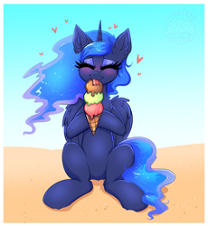 Size: 1763x1913 | Tagged: safe, artist:confetticakez, derpibooru import, princess luna, alicorn, pony, g4, atg 2021, beach, belly, blushing, cute, ear fluff, ears, eating, ethereal mane, ethereal tail, eyes closed, eyeshadow, female, folded wings, food, front view, heart, hoof hold, horn, ice cream, ice cream cone, licking, lunabetes, makeup, mare, neapolitan, newbie artist training grounds, outdoors, passepartout, sitting, solo, tail, tongue, tongue out, wings