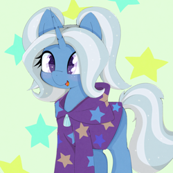 Size: 2048x2048 | Tagged: safe, artist:zokkili, derpibooru import, trixie, pony, unicorn, g4, alternate hairstyle, babysitter trixie, clothes, cute, diatrixes, female, gameloft, green background, high res, hoodie, horn, mare, my little pony: magic princess, open mouth, open smile, pigtails, simple background, smiling, solo, starry background, stars, tail, twintails