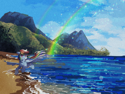 Size: 2160x1620 | Tagged: safe, artist:lendftcn, derpibooru import, rainbow dash, pegasus, pony, g4, beach, cloud, female, film grain, flying, mare, mountain, ocean, open mouth, rainbow, sand, sky, solo, spread wings, water, wings