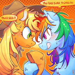 Size: 1798x1789 | Tagged: safe, artist:千雲九枭, derpibooru import, applejack, rainbow dash, earth pony, pegasus, pony, g4, abstract background, applejack's hat, arm wrestling, blonde, blonde mane, blue coat, blue hooves, blushing, brown hooves, chest fluff, clothes, colored hooves, colored pinnae, competitive, cowboy hat, cross-popping veins, dialogue, duo, duo female, ear fluff, ear tufts, ears, emanata, eyelashes, fangs, female, freckles, frown, green eyes, gritted teeth, halftone, hat, hoofwrestle, hooves, looking at each other, looking at someone, mare, multicolored hair, multicolored mane, narrowed eyes, orange coat, outline, pink eyes, ponytail, pouting, rainbow hair, rivalry, screentone, shiny mane, signature, smiling at someone, speech bubble, stetson, sweat, sweatdrop, talking, teeth, text, tied mane, wall of tags, yelling