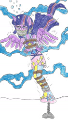 Size: 973x1726 | Tagged: safe, artist:godzilla713, derpibooru import, twilight sparkle, human, pegasus, equestria girls, g4, rainbow rocks, asphyxiation, ball and chain, clothes, crying, drowning, female, gag, high heels, sandals, shoes, solo, traditional art, wings