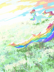 Size: 1620x2160 | Tagged: safe, artist:lendftcn, derpibooru import, rainbow dash, pegasus, pony, g4, amazed, bright, colorful, ears, female, film grain, floppy ears, grass, grass field, impossibly long tail, looking at something, looking away, mare, no pupils, open mouth, outdoors, solo, tail, walking, wings