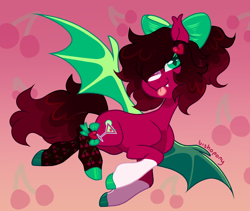 Size: 2366x2000 | Tagged: safe, artist:bishopony, derpibooru import, oc, oc only, oc:cherry soda, bat pony, pony, 2023, abstract background, artfight, bat pony oc, blaze (coat marking), clothes, coat markings, colored eyelashes, colored hooves, colored pupils, colored wings, curly hair, curly mane, curly tail, ear tufts, facial markings, fangs, female, flying, gift art, gradient background, green bow, green eyelashes, green hooves, green pupils, hair over one eye, hairclip, heart hairclip, high res, hooves, leg bow, long socks, looking away, mare, mare oc, old art, red coat, shiny hooves, signature, slit eyes, smiling, socks, socks (coat marking), solo, spread wings, tail, thin legs, three toned mane, three toned tail, tongue, tongue out, tri-color mane, tri-color tail, tri-colored mane, tri-colored tail, tricolor mane, tricolor tail, tricolored mane, tricolored tail, two toned wings, wings