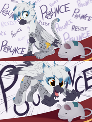 Size: 2010x2665 | Tagged: safe, artist:arcane-thunder, derpibooru import, oc, oc only, oc:arcane thunder, griffon, mouse, 2 panel comic, behaving like a cat, cat toy, comic, english, griffonized, griffons doing cat things, high res, imminent pounce, male, pounce, solo, species swap, talons, text, thoughts, wings