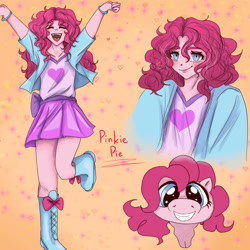 Size: 3250x3250 | Tagged: safe, artist:sugarcrush19, derpibooru import, pinkie pie, earth pony, human, pony, equestria girls, g4, blushing, boots, bracelet, clothes, cute, diapinkes, eyes closed, female, grin, high heel boots, jacket, jewelry, mare, open mouth, shirt, shoes, skirt, smiling, solo, vest