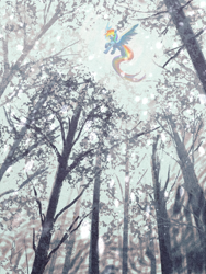 Size: 1620x2160 | Tagged: safe, artist:lendftcn, derpibooru import, rainbow dash, pegasus, pony, g4, female, flying, forest, low angle, mare, nature, snow, snowfall, solo, spread wings, tree, wings