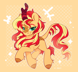 Size: 2138x1994 | Tagged: safe, artist:shelti, derpibooru import, sunset shimmer, kirin, g4, cloven hooves, emanata, female, high res, kirin sunset, kirin-ified, leonine tail, mare, outline, solo, sparkles, species swap, tail, white outline