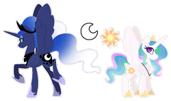 Size: 1160x689 | Tagged: safe, artist:xxanimatorixx, derpibooru import, princess celestia, princess luna, alicorn, pony, g4, age swap, alternate design, alternate universe, concave belly, crown, duo, duo female, ethereal mane, eyeshadow, female, gauntlet, gradient mane, height difference, jewelry, lidded eyes, makeup, necklace, raised hoof, raised leg, regalia, role reversal, royal sisters, sibling swap, siblings, simple background, sisters, slender, smiling, spread wings, talluna, thin, transparent background, ultimate luna, wings