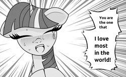 Size: 1080x655 | Tagged: safe, artist:scandianon, derpibooru import, twilight sparkle, unicorn twilight, pony, unicorn, g4, black and white, blushing, bust, dialogue, drawthread, ears, eyes closed, female, floppy ears, grayscale, horn, i love you, manga, mare, monochrome, nose blush, open mouth, ponified, ponified manga, solo, species swap, speed lines, sweat, teary eyes, yelling