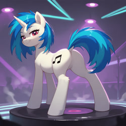 Size: 2880x2880 | Tagged: safe, ai content, derpibooru import, machine learning generated, dj pon-3, vinyl scratch, unicorn, g4, butt, dock, featureless crotch, generator:tponynai3, horn, looking at you, looking back, looking back at you, nightclub, plot, prompt in description, prompter:derp621, solo, strobe lights, tail, turntable, wrong eye color