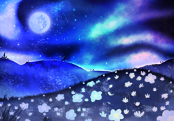 Size: 3600x2500 | Tagged: safe, artist:knife smile, derpibooru import, commission, flower, mare in the moon, moon, mountain, mountain range, no pony, satellite dish, shooting star, stars