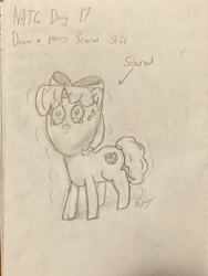 Size: 3024x4032 | Tagged: safe, artist:goldenmidnight, derpibooru import, oc, oc only, oc:snowflake, crying, female, filly, foal, monochrome, newbie artist training grounds, scared, shaking, signature, solo, traditional art