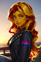 Size: 1024x1536 | Tagged: safe, ai content, derpibooru import, edit, machine learning generated, sunset shimmer, human, equestria girls, g4, beautiful, bisexual pride flag, clothes, ear piercing, earring, edited ai content, freckles, jacket, jewelry, leather, leather jacket, long hair, looking at you, outdoors, photoshop, piercing, pride, pride flag, prompter:sammykun, recolor, sky, smiling, solo, sunset, zipper