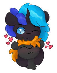 Size: 921x1169 | Tagged: safe, artist:solarhors, derpibooru import, oc, oc only, oc:solar flare, oc:♪, changeling, earth pony, pony, ^^, blushing, changeling oc, duo, ears, eye clipping through hair, eyebrows, eyebrows visible through hair, eyes closed, floating heart, floppy ears, happy, heart, hug, one eye closed, simple background, transparent background