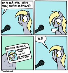 Size: 2500x2680 | Tagged: safe, artist:timsplosion, derpibooru import, derpy hooves, pegasus, pony, g4, comic, dialogue, female, hoof hold, id card, mare, mathematician's answer, microphone, no pupils, offscreen character, open mouth, open smile, smiling, solo, speech bubble, yes