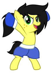 Size: 1220x1700 | Tagged: safe, artist:toyminator900, derpibooru import, oc, oc only, oc:uppercute, pony, bipedal, boxing gloves, clothes, freckles, open mouth, shorts, simple background, smiling, solo, transparent background