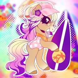 Size: 2048x2048 | Tagged: safe, artist:devideetz, derpibooru import, horse, bailey (wild manes), bipedal, clothes, female, flower, freckles, mare, one-piece swimsuit, open mouth, open smile, smiling, solo, surfboard, swimsuit, tail, unshorn fetlocks, visor cap, wild manes