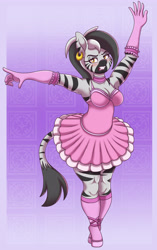 Size: 3030x4840 | Tagged: safe, artist:pananovich, derpibooru import, oc, oc only, oc:trinidad, anthro, zebra, abstract background, ballerina, ballet slippers, blushing, breasts, busty oc, cleavage, clothes, female, furrowed brow, gloves, gradient background, gritted teeth, long gloves, looking at you, mare, socks, solo, teeth, zebra oc