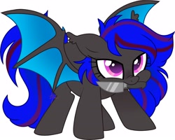 Size: 2048x1640 | Tagged: safe, artist:fizzlefer, derpibooru import, oc, oc only, oc:ebony rose, bat pony, bat pony oc, bat wings, colored wings, commission, commissioner:ebonyrose, ear tufts, eyelashes, gradient wings, knife, lidded eyes, mouth hold, narrowed eyes, nose wrinkle, pink eyes, signature, simple background, smiling, solo, spread wings, tail, two toned mane, two toned tail, two toned wings, white background, wings