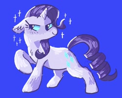 Size: 2044x1640 | Tagged: safe, artist:__rat__king__, derpibooru import, part of a set, rarity, pony, unicorn, g4, blue background, blue eyes, blue sclera, colored sclera, cutie mark eyes, ears, eyelashes, female, floppy ears, fluffy, horn, lidded eyes, mare, raised eyebrows, raised hoof, raised leg, ringlets, shiny mane, shiny tail, simple background, smiling, solo, sparkles, sparkly eyes, standing, standing on three hoves, tail, watermark, wingding eyes