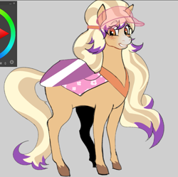 Size: 739x736 | Tagged: safe, artist:d0mofan, derpibooru import, horse, art program in frame, bailey (wild manes), barely pony related, female, gray background, grin, mare, saddle, simple background, smiling, solo, tack, tail, unshorn fetlocks, visor cap, wild manes