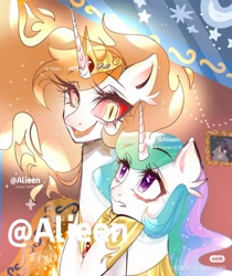 Size: 1440x1713 | Tagged: safe, artist:alieen, derpibooru import, daybreaker, princess celestia, alicorn, pony, g4, duo, mane of fire, obtrusive watermark, red little book source, watermark