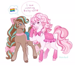 Size: 2048x1815 | Tagged: safe, artist:iksiudodi_, derpibooru import, horse, bandana, barely pony related, blushing, bow, candi (wild manes), cocoa (wild manes), dialogue, duo, duo female, female, hair bow, implied bailey (wild manes), implied lesbian, implied shipping, infatuation, looking at someone, pride, pride flag, question mark, raised hoof, raised leg, saddle, smiling, speech bubble, tack, tail, tail bow, thought bubble, wild manes