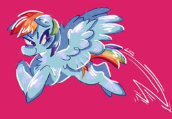 Size: 2048x1418 | Tagged: safe, artist:__rat__king__, derpibooru import, part of a set, rainbow dash, pegasus, pony, g4, chest fluff, ear fluff, ears, eyelashes, female, fluffy, flying, looking back, mare, motion lines, narrowed eyes, raised hooves, simple background, smiling, solo, spread wings, wings