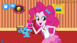 Size: 1920x1080 | Tagged: safe, artist:blockslikepl, derpibooru import, edit, edited screencap, screencap, pinkie pie, dog, human, equestria girls, g4, blue (blue's clues), blue's clues, female, handy dandy notebook, paw print, sidetable drawer, solo