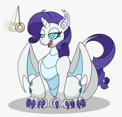 Size: 1600x1528 | Tagged: safe, artist:auroracuno, derpibooru import, rarity, dragon, dragoness, dragonified, female, hypno eyes, hypnority, hypnosis, open mouth, open smile, pendulum swing, raridragon, smiling, solo, species swap, swirly eyes