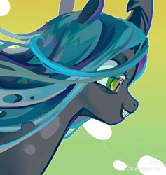 Size: 1280x1353 | Tagged: safe, artist:shiqiuzhu, derpibooru import, queen chrysalis, changeling, g4, gradient background, red little book source, smiling, solo