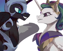 Size: 1328x1080 | Tagged: safe, artist:shiqiuzhu, derpibooru import, idw, nightmare moon, princess celestia, alicorn, g4, reflections, spoiler:comic, duo, duo female, evil celestia, evil counterpart, face to face, female, looking at each other, looking at someone, mirror universe, red little book source, simple background, white background