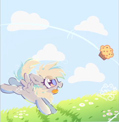 Size: 4000x4115 | Tagged: safe, artist:winstiky, derpibooru import, derpy hooves, pegasus, pony, g4, eye clipping through hair, eyes on the prize, muffin, open mouth, open smile, running, smiling, solo, that pony sure does love muffins, tongue, tongue out