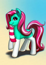 Size: 1448x2048 | Tagged: safe, artist:itxi_izalith, derpibooru import, minty, earth pony, pony, g3, clothes, female, gradient background, mare, mouth hold, ponies in socks, smiling, socks, solo, striped socks, that pony sure does love socks