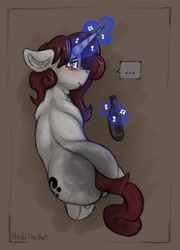 Size: 949x1316 | Tagged: safe, artist:reddthebat, derpibooru import, oc, oc only, oc:violina (reddthebat), ghost, ghost pony, pony, unicorn, ..., blushing, bottle, butt, ears, female, floppy ears, glowing, glowing horn, horn, levitation, looking at you, magic, mare, music notes, nose wrinkle, plot, solo, speech bubble, telekinesis, wine bottle