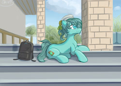 Size: 3035x2150 | Tagged: safe, artist:cavity, derpibooru import, oc, oc only, oc:wind crystal, earth pony, backpack, cloud, looking up, lying down, smiling, solo, stairs, tree