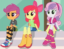 Size: 750x575 | Tagged: safe, derpibooru import, edit, edited screencap, editor:mantillamel, screencap, apple bloom, scootaloo, sweetie belle, human, equestria girls, friendship games, g4, 2024, converse, cutie mark crusaders, disabled, female, leg brace, shoes, trio, trio female