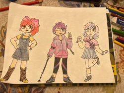 Size: 2048x1536 | Tagged: safe, artist:fruityoctopus, derpibooru import, apple bloom, scootaloo, sweetie belle, human, 2024, crutches, cutie mark crusaders, disabled, drawing, female, humanized, irl, peace sign, photo, smiling, traditional art, trio, trio female