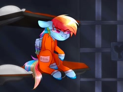 Size: 2732x2048 | Tagged: safe, artist:kittycocoa69, derpibooru import, rainbow dash, pegasus, pony, b-f16, clothes, jail, jail cell, jumpsuit, pillow, prison, prison cell, prison outfit, prisoner, prisoner rd, shackles, solo