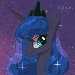 Size: 2000x2000 | Tagged: safe, artist:duvivi, derpibooru import, princess luna, alicorn, pony, abstract background, aside glance, bust, cute, female, looking at you, lunabetes, mare, portrait, smiling, smiling at you, solo, sparkles