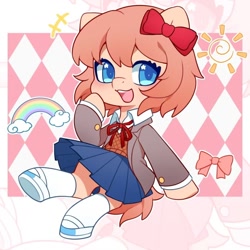 Size: 1080x1080 | Tagged: safe, artist:blueeye, derpibooru import, earth pony, pony, abstract background, blushing, book, bow, clothes, doki doki literature club!, female, hair bow, mare, open mouth, outline, pen, ponified, rainbow, sayori, school uniform, shoes, skirt, smiling, socks, solo, species swap, sun, white outline