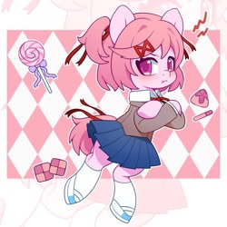 Size: 1080x1080 | Tagged: safe, artist:blueeye, derpibooru import, earth pony, pony, abstract background, blushing, candy, clothes, cookie, doki doki literature club!, female, food, hairpin, horn, lollipop, mare, natsuki, open mouth, outline, ponified, puffy cheeks, school uniform, shoes, skirt, socks, species swap, white outline