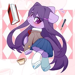 Size: 1080x1080 | Tagged: safe, artist:blueeye, derpibooru import, earth pony, pony, abstract background, blushing, book, clothes, cup, doki doki literature club!, female, hairpin, horn, looking at you, looking back, looking back at you, mare, open mouth, outline, pen, ponified, school uniform, shoes, skirt, socks, solo, species swap, white outline, yuri (ddlc)